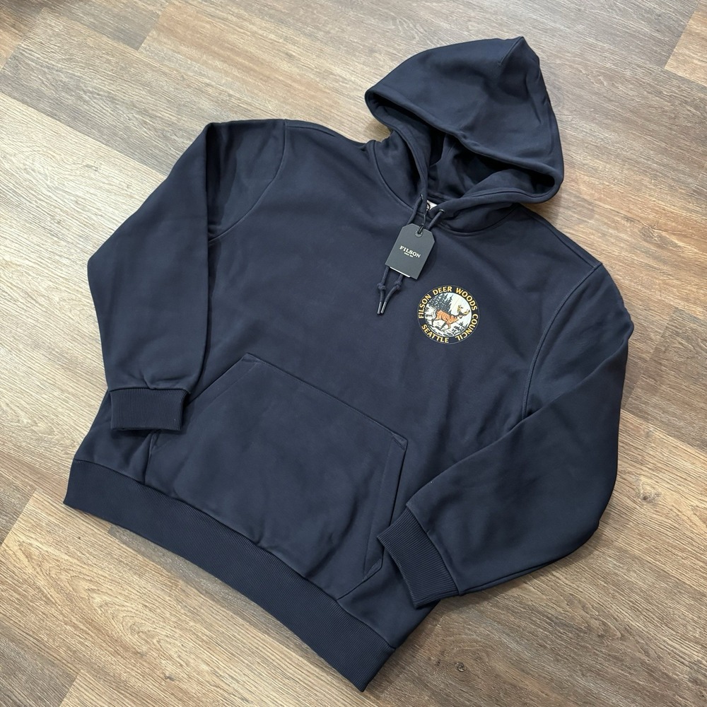 NWT Filson Buck Graphic Black Hoodie Prospector‎ Men's Sz XL Deer Woods Council